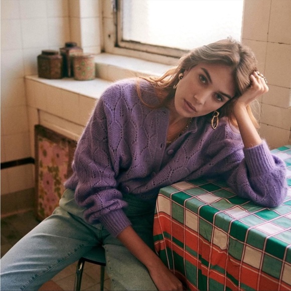 Sezane Sweaters - SEZANE Lilac Purple Wool Mohair Pointelle Knit Phoebe Jumper Cardigan Sweater XS